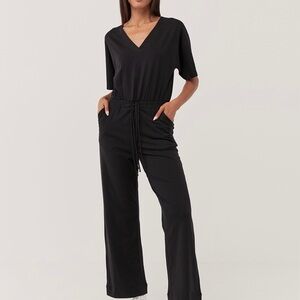 Pact Deep V-Neck Jumpsuit Black Organic Cotton *Missing drawstring belt*